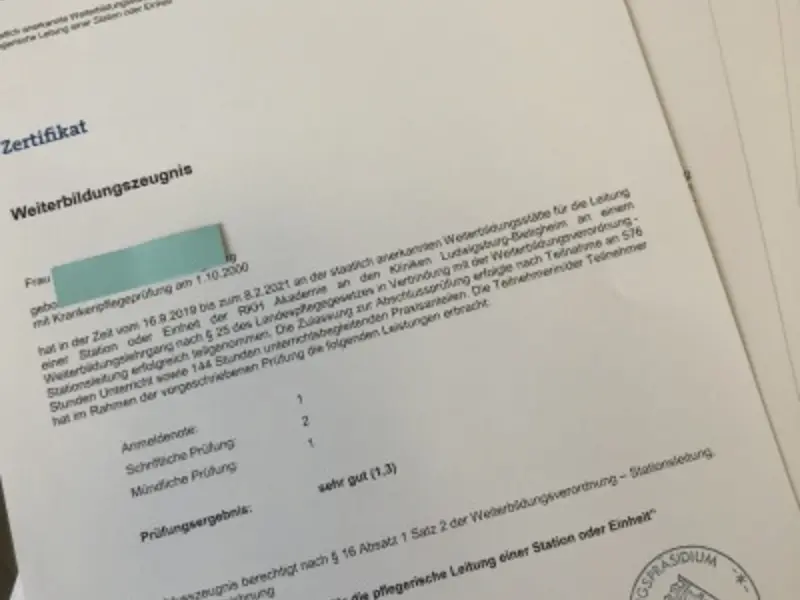Bild Zertifikat Weiterbildung Pflegemanagement